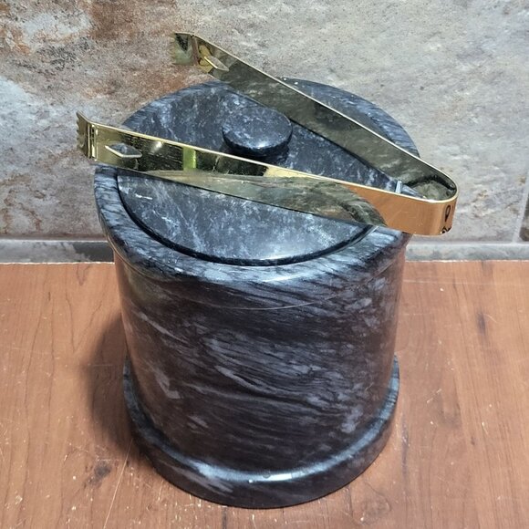 Vintage Dark Grey Heavy Marble Ice Bucket Matching Lid Pair Gold Toned Metal To - Picture 1 of 10